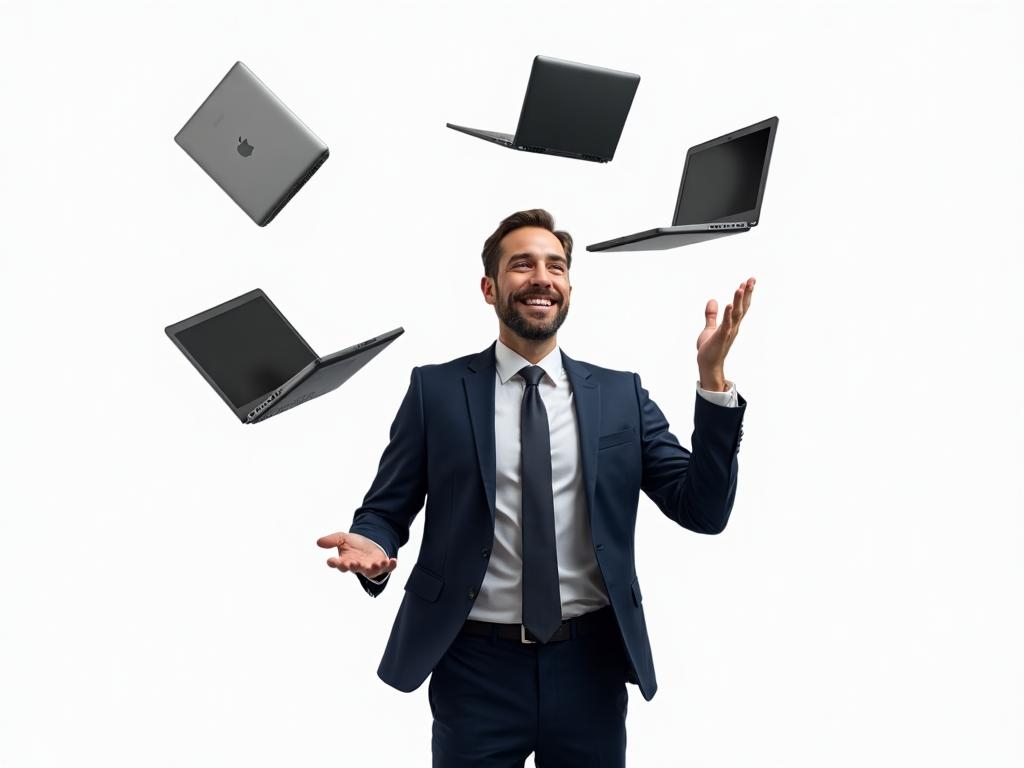 Business professional juggling laptops